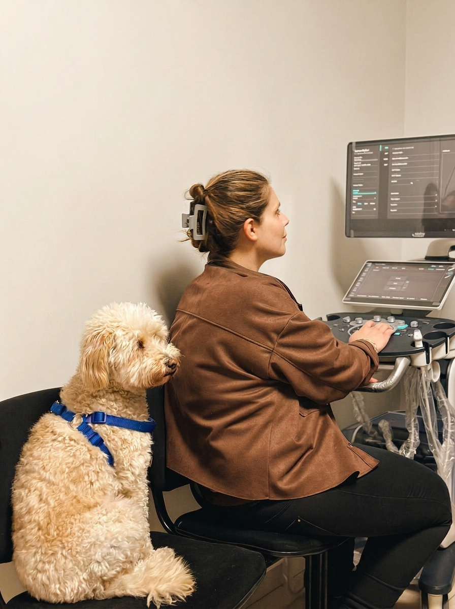 Ultrason cihazının yanında klinik sahibine eşlik eden köpek Muskat