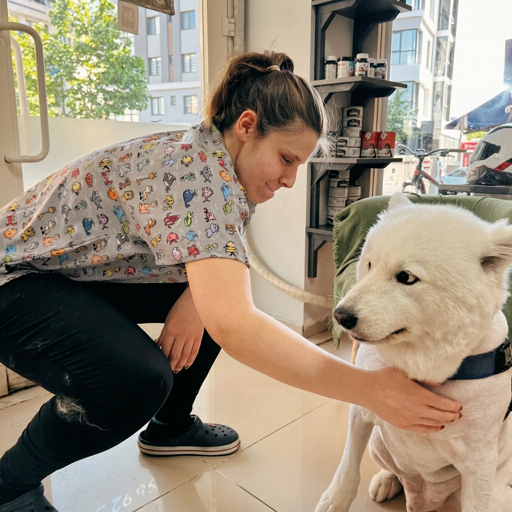Klinik sahibi beyaz bir köpekle ilgilenirken