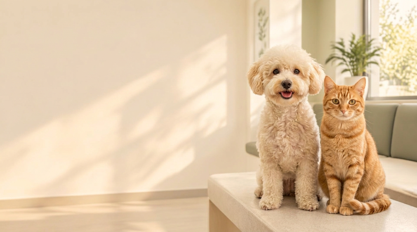 Yan yana oturan küçük, kabarık beyaz bir köpek ve turuncu bir kedi